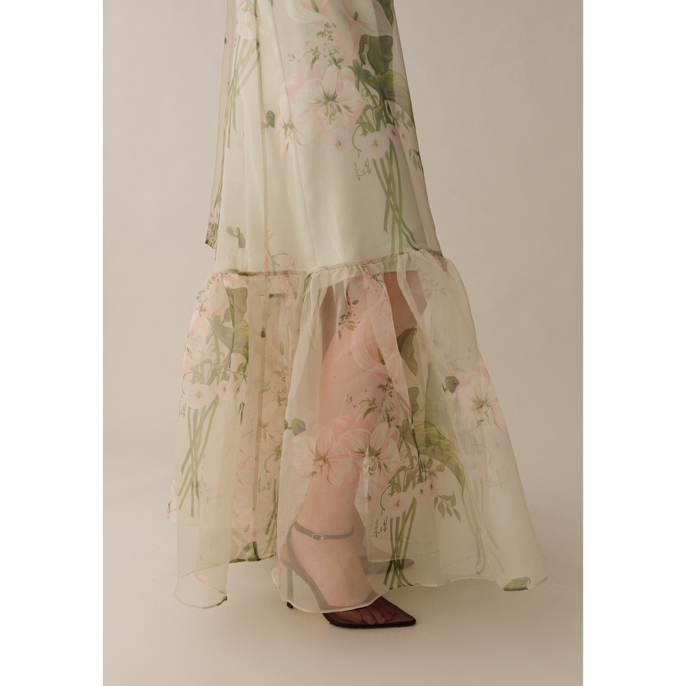 NWT CAARA Melody High Neck Organza Tie Neck Tiered Hem Dress - Size Large - Picture 7 of 14